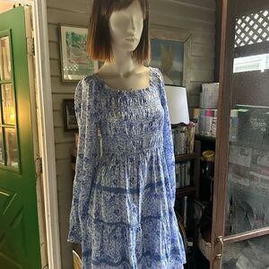 Floral Blue Long Sleeve Prarie Smocked Dress